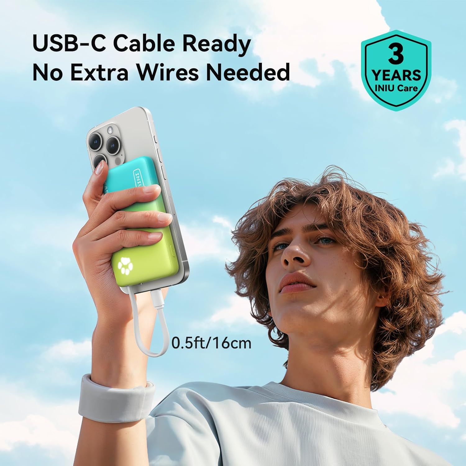 INIU PawGo Portable Charger, 45W PD 10000mAh Fast Charging Slim Power Bank, Built-in USB C Cable Battery Pack, Travel Essentials Powerbank for iPhone 16/15 Pro Max, Samsung S25/S24 etc, Tropic Punch