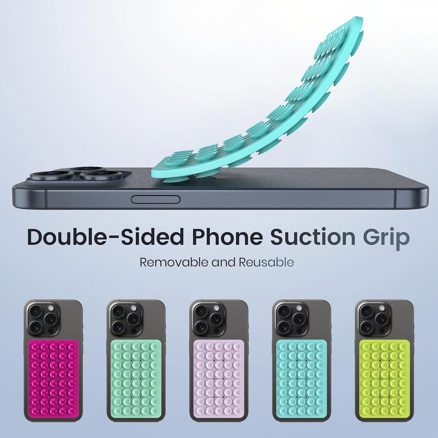 Silicone Double Sided Suction Phone Case Mount, Detachable Hands Free & Strong Grip Holder for Selfies & Videos, Compatible iPhone Android (Sky Blue, 1Pack)