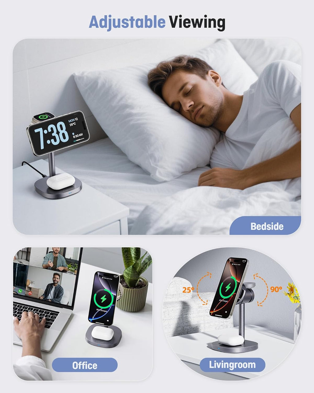2025 New Magnetic Wireless Charger with Active Cooling, 15W Qi2 Fast 3 in 1 Charging Station for Apple Charger Stand, Wireless Charger for iPhone16/15/14/13/12 Series, Apple Watch, AirPods