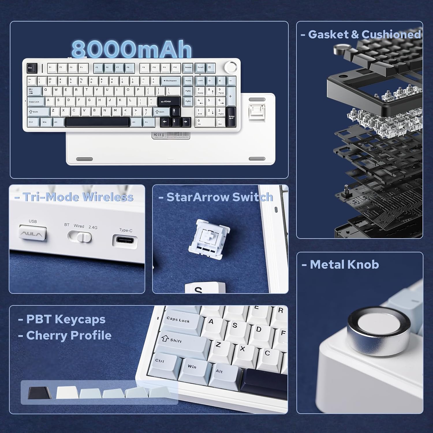 EPOMAKER X Aula F99 PRO Wireless Gaming Keyboard with 8000mAh Battery, Hot Swappable Creamy Keyboard, 2.4GHz/Type-C/BT5.0, NKRO, RGB Backlit for Win/Mac/Gaming (Blue&White)