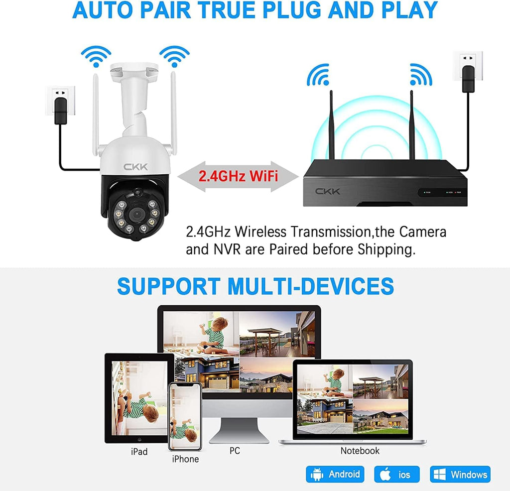 3MP PTZ CKK Cameras, 4pcs Wireless Security Camera System Outdoor with 1TB Hard Drive, 8 Channel 3MP WiFi Surveillance NVR System, 2 Way Audio, Floodlights & Siren Alarm,AI Human Detection