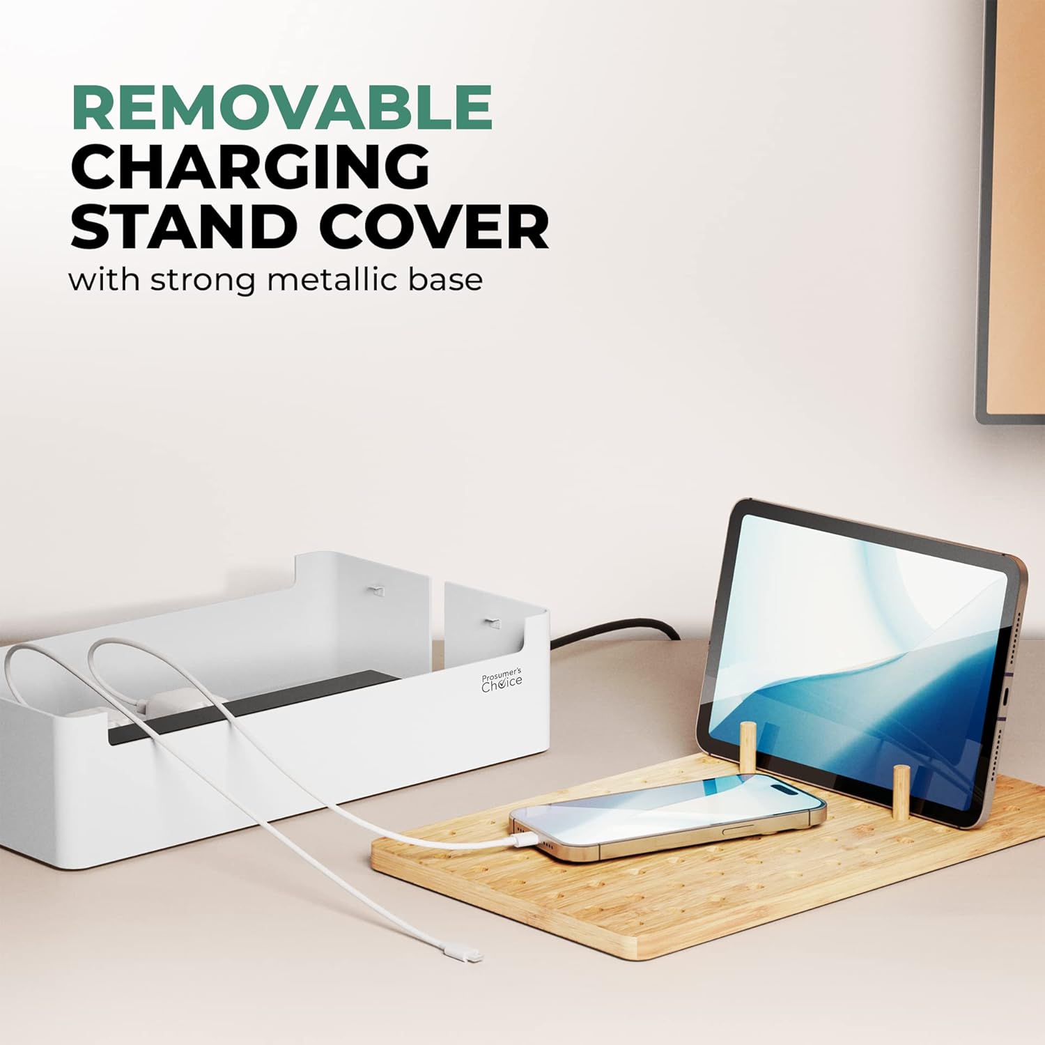 Prosumers Choice Bamboo Charging Station for Multiple Devices - Wooden Charger Organizer with Removable Dividers for Phones, Tablets, and Laptops - 11 Inch Cable Organizer Box - Space-Saving Desk Dock