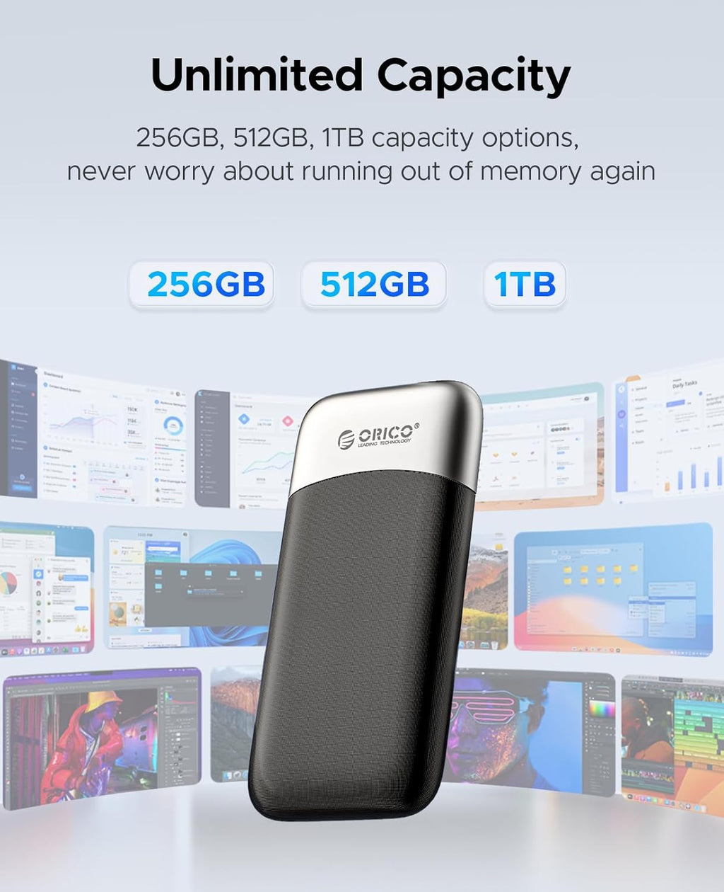 ORICO 1TB Portable SSD, Up to 1050MB/s, Compact with 2 in 1 USB C & A Cable, External Solid State Drives, Reliable Storage for USB C Smartphone, Tablet, PC - M10PRO