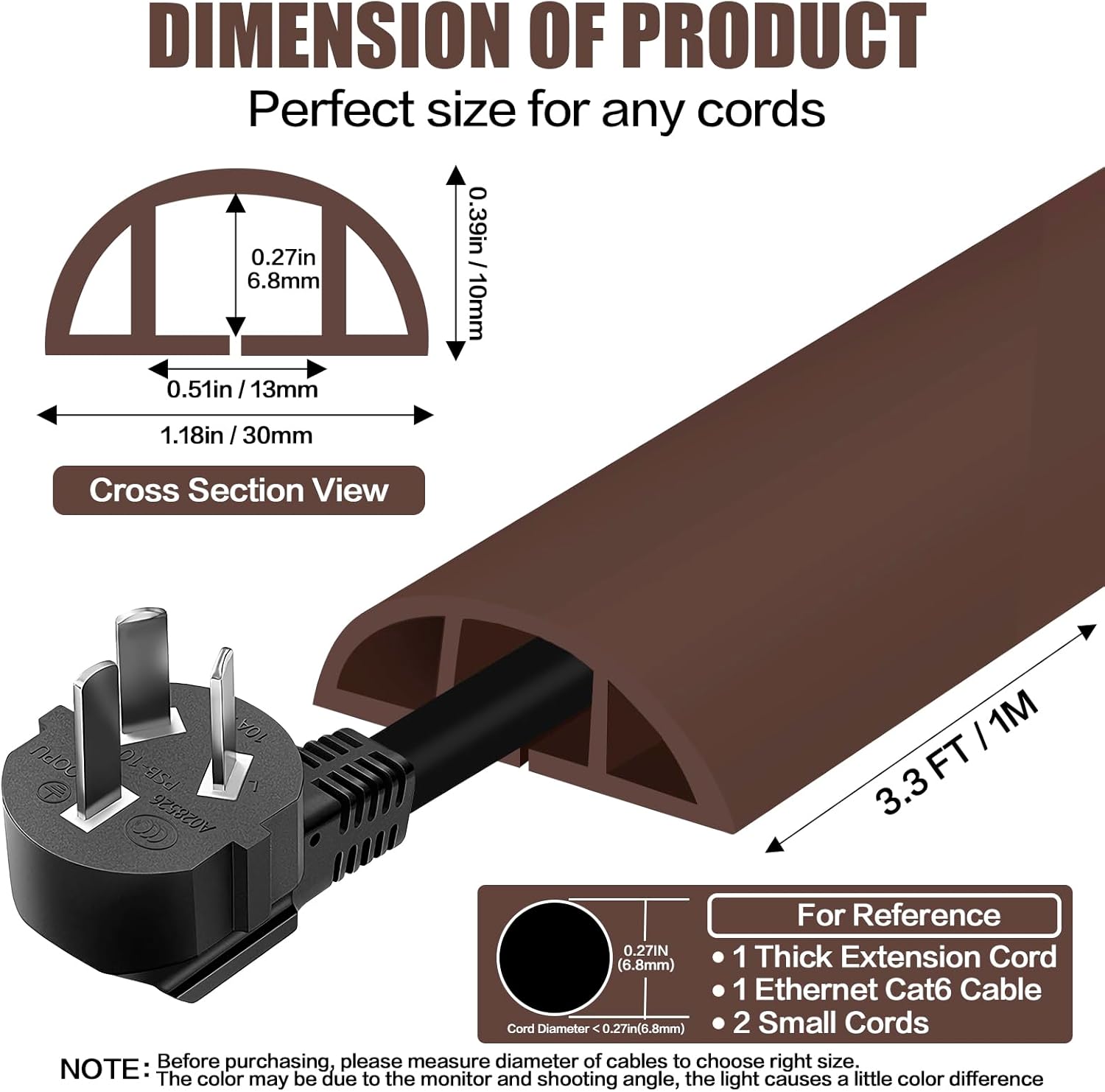Floor Cord Cover Self Adhesive Cord Hider,3.3FT Cable Management, Extension Strip Protector for Wires, Prevent Cable Trips for Offices, Gyms, Exhibitions Cavity:0.39"(W) x 0.27"(H) Coffee