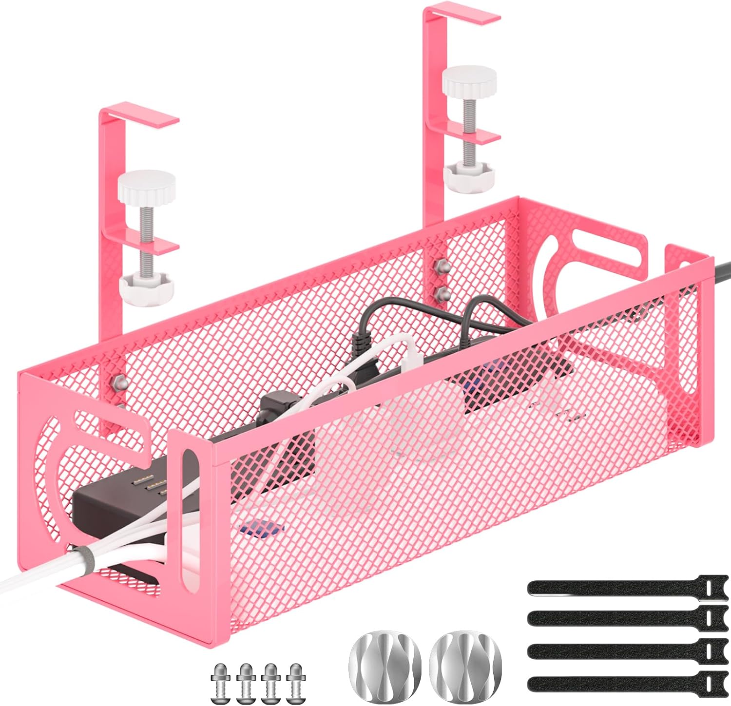 Under Desk Cable Management Tray, 15.7'' No Drill Steel Desk Cable Organizers, Wire Management Tray Cable Management Rack (1 Pack-Pink)