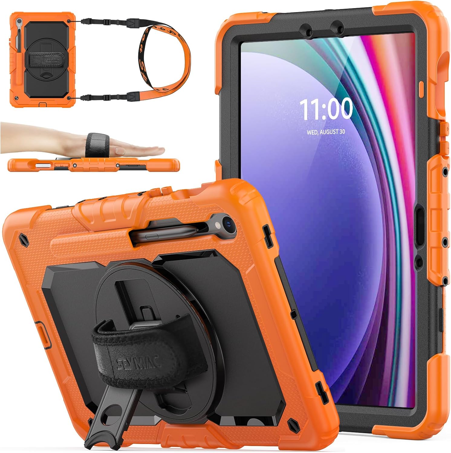 SEYMAC stock Case for Samsung Galaxy Tab S10 FE / S9 / S9 FE 5G Tablet Case Protective with Screen Protector, Pencil Holder, 360 Rotate Stand, Hand Strap, Shoulder Strap, Orange1