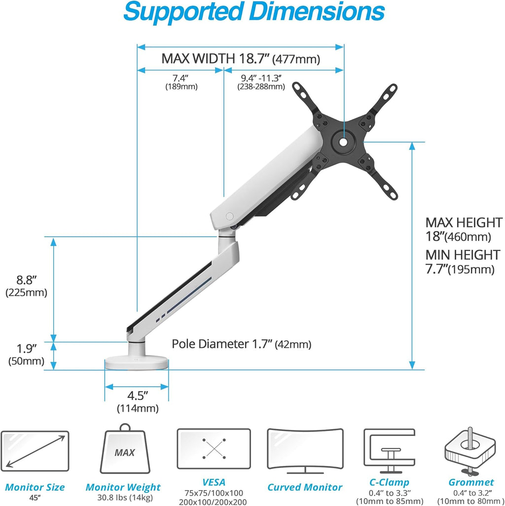 AVLT Single 27”-45” RGB Gaming Monitor Arm Desk Mount Built-in 20 Lighting Modes Touch Button Control Fits Flat/Curved/Ultrawide Screens Height Swivel Tilt Rotation Adjustable Stand -White