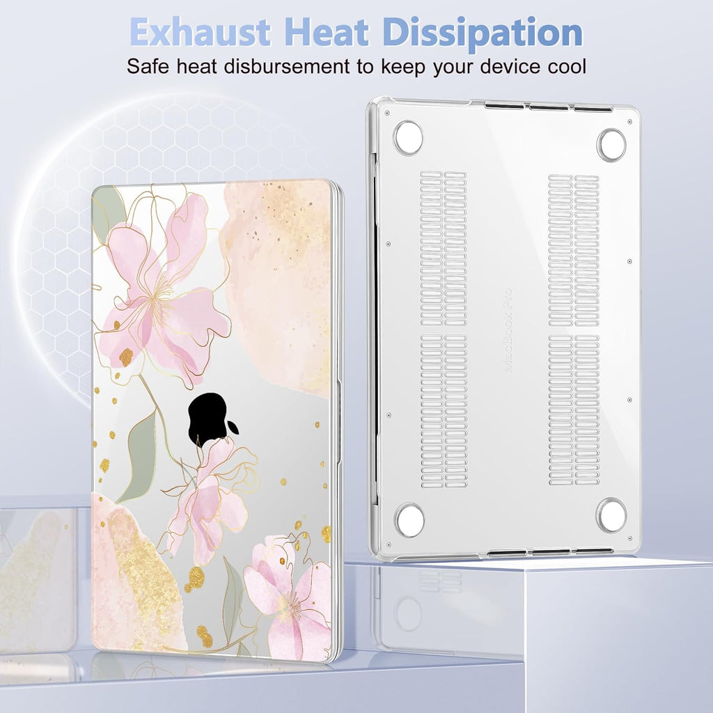 for MacBook Pro 16 inch Case 2021 2022 2023 2024 Release A3186 A3403 M4 A2991 M3 A2780 M2 A2485 M1 Pro/Max, Hard Shell Case with Screen Protector & Keyboard Cover, Gold Blossom Flowers