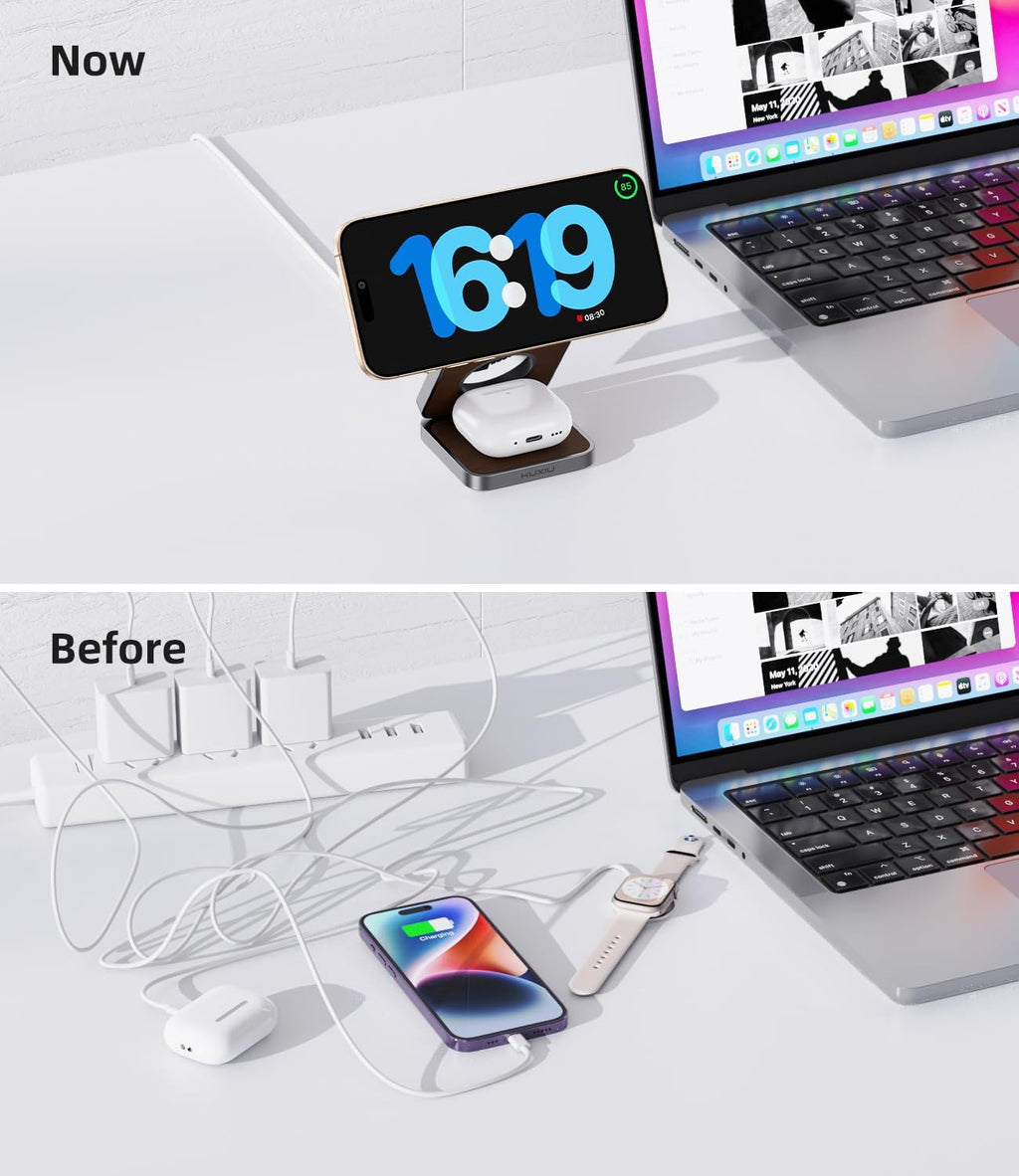 Foldable Magnetic Wireless Charger, KU XIU X40 Aluminum Alloy 3 in 1 Charging Station for Apple, Fast Charging Travel Charger for iPhone 16 15 14 13, 5W for Apple Watch Ultra, AirPods, Leather Texture