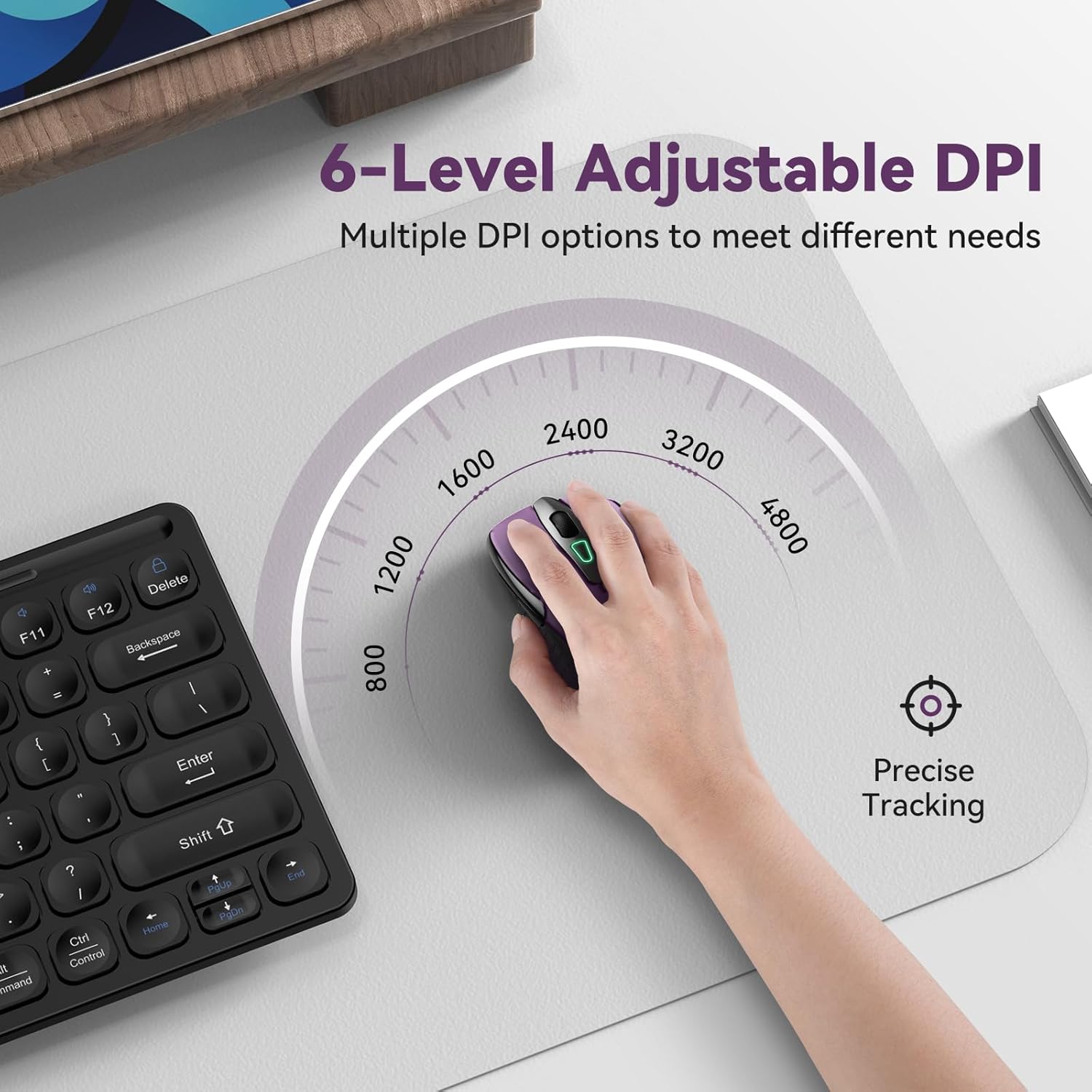 Bluetooth Mouse (BT5.0/3.0 & 2.4G) Rechargeable Wireless Mouse, 4800 DPI Optical Tracking, 6 Adjustable DPI, 2.4GHz with USB A Receiver, Quiet Clicks, Ergonomic Grips, 6 Buttons - Purple