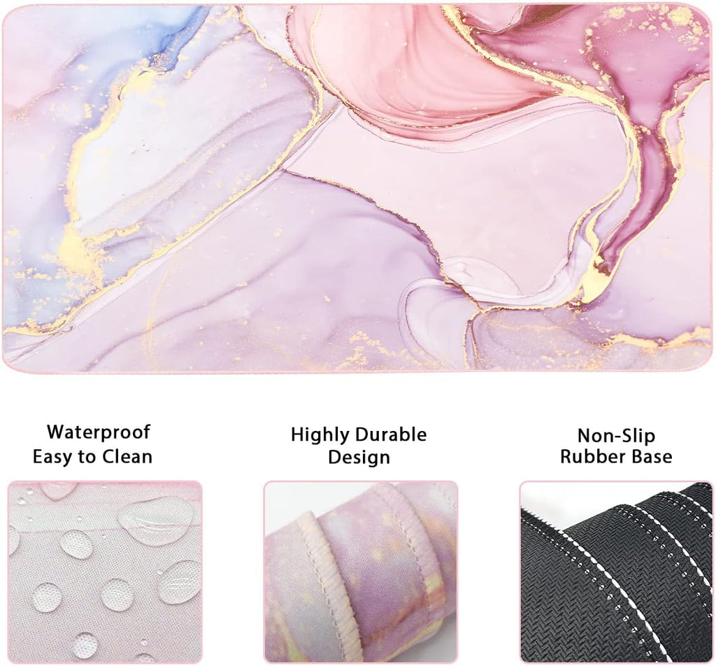 Keyboard Mouse Pad Set, Extended Mouse Pad+Keyboard Wrist Rest Support, Memory Foam Ergonomic Easy Typing, 3Pcs (35.4×15.7 in) Desk Pad Set for Home Office Study Game- Pink Marble