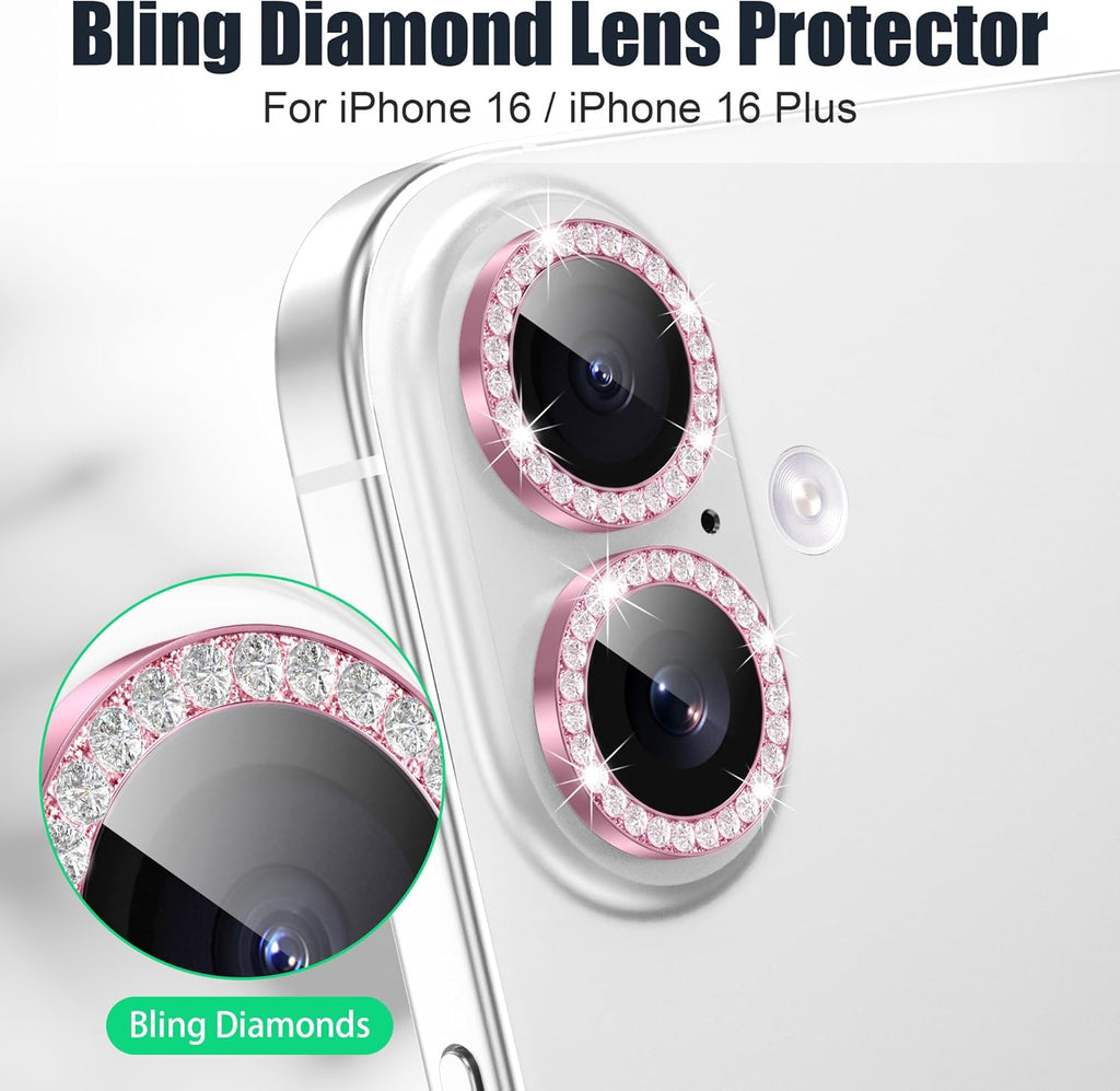 AGVEE 3+3 6 Pack for iPhone 16 6.1" / 16 Plus 6.7" Camera Lens Cover Protector, Bling Diamond & Bling Glitter Metal Ring 9H Tempered HD Glass Camera Cover Protector Film, Bling-Pink
