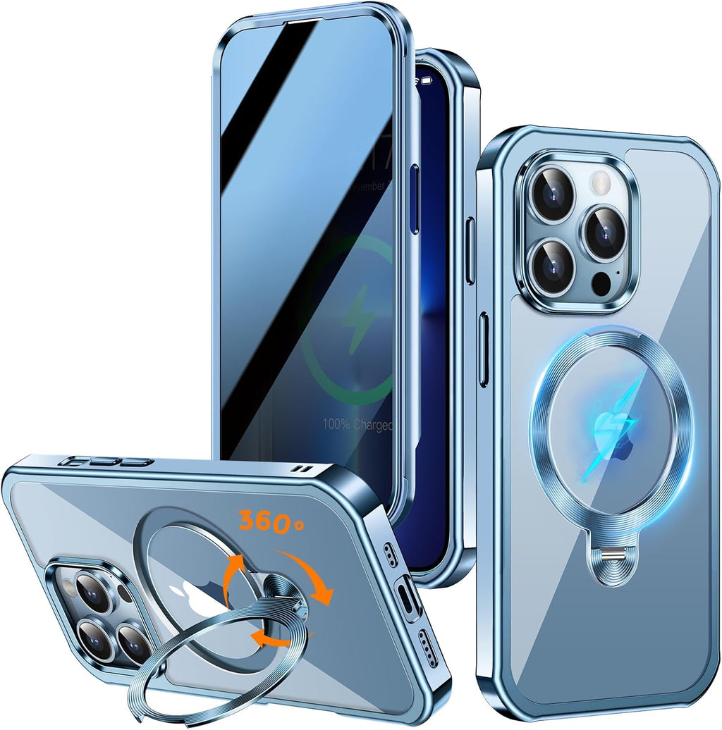 [360° Rotatable CD Stand & Built-in Privacy Screen Magnetic Case for iPhone 13 Pro[Compatible with MagSafe & Full Signal] Mil-Grade Shockproof Full Body Anti-Spy Cover for 13 Pro-Sierra Blue