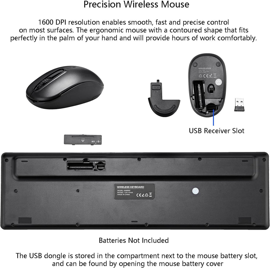 Wireless Keyboard and Mouse Combo, 2.4G Silent Cordless Keyboard Mouse Combo for Windows Chrome Laptop Computer PC Desktop, 106 Keys Full Size with Number Pad, 1600 DPI Optical Mouse (Black)