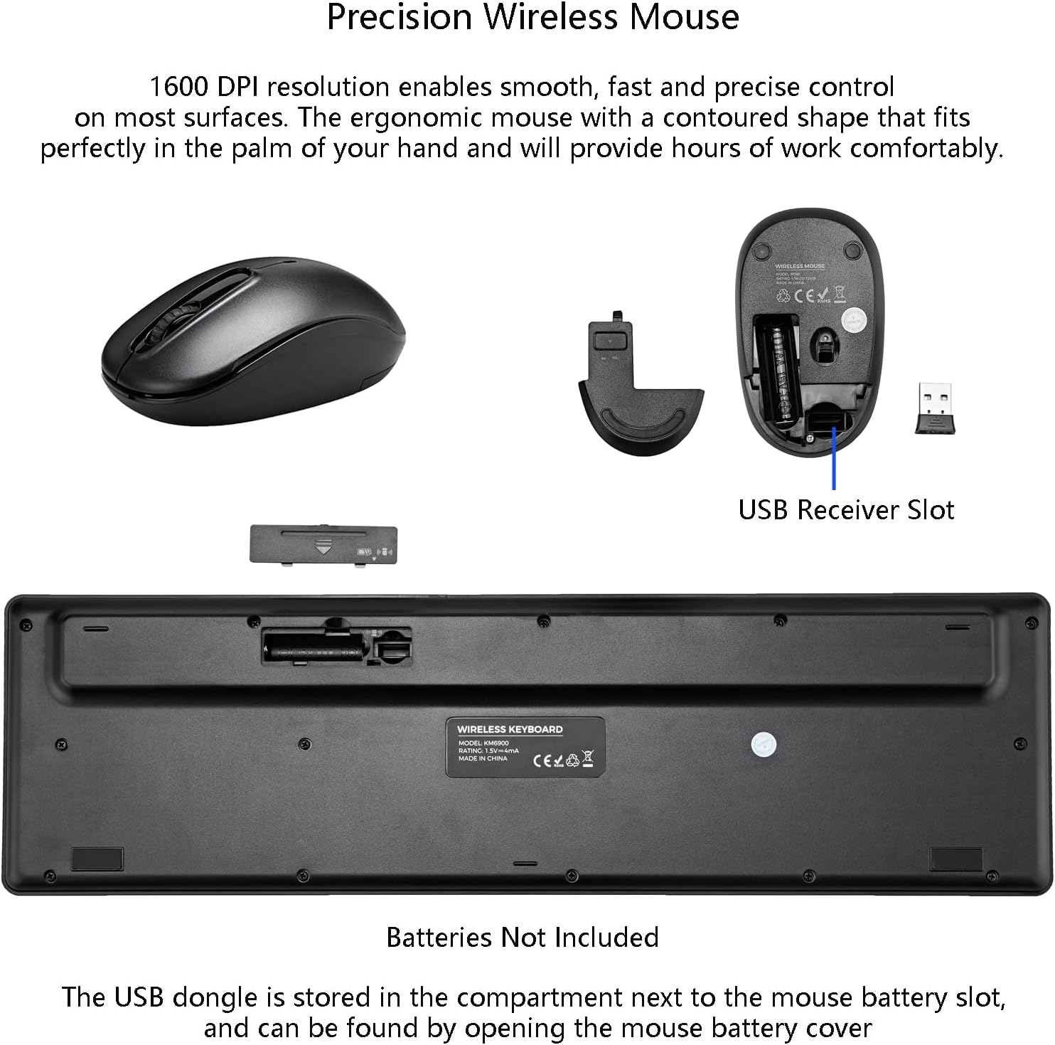 Wireless Keyboard and Mouse Combo, 2.4G Silent Cordless Keyboard Mouse Combo for Windows Chrome Laptop Computer PC Desktop, 106 Keys Full Size with Number Pad, 1600 DPI Optical Mouse (Black)