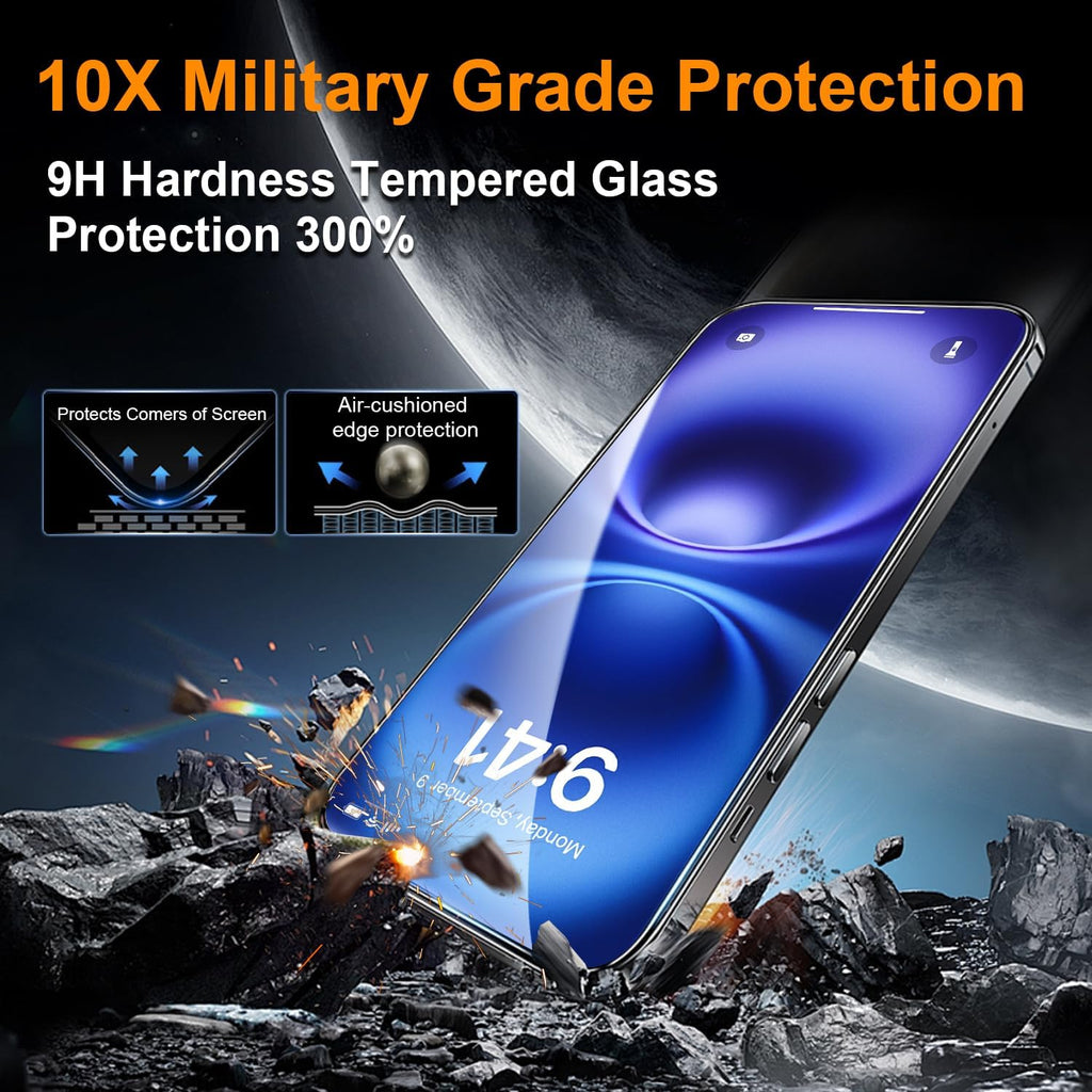 OneFish Screen Protector Glass for iphone 16, Airbag Edge Protection, 9H Glass Scratch Resistant, HD Clarity Tempered Film with Installation Frame, Easy Installation, 2Pack