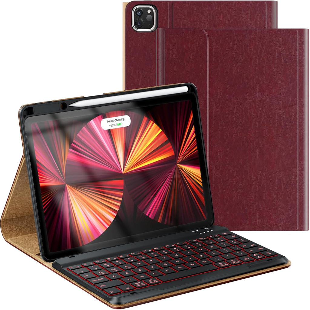 Leather Keyboard Case for iPad Air 5th 4th Generation 10.9 inch Pro 11 1st/2nd/3rd/4th, 7 Color Backlight BT Keyboard Folio with Pencil Holder 2022 2021 2020 2018 (Wine)