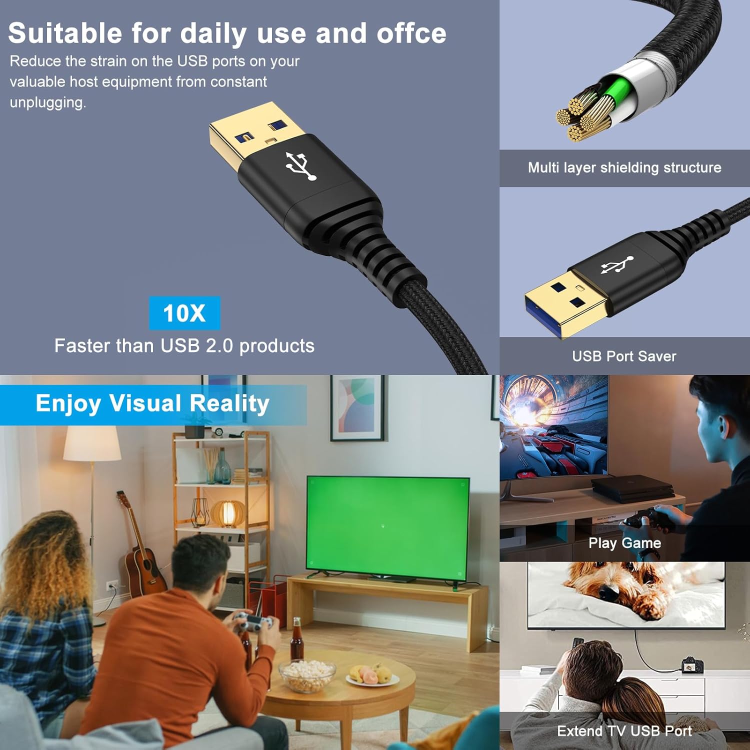 USB Extension Cable 10FT, 2 Pack High Speed USB3.0 Extension Cord Type A Male to Female USB Extender Cable 5Gbps Fast Data Transfer Extender Cord for Keyboard,Webcam,Flash Drive,Printer,Camera,Headset