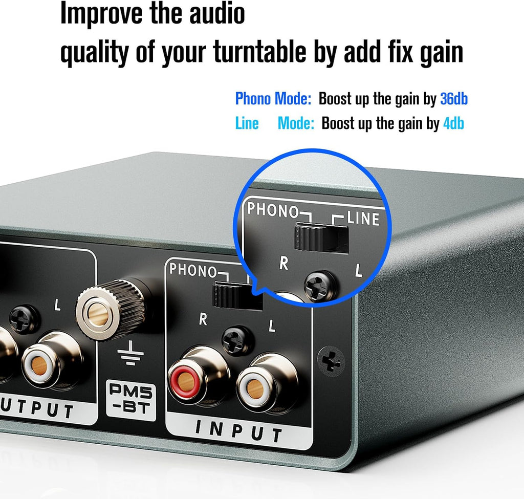 Bluetooth Phono Turntable Preamp, Phonograph Preamplifier with RCA Input, RCA/Bluetooth Output, Phono Preamp for Vinyl Record Player with Phono and Line Level Output Switch Audio Receiver