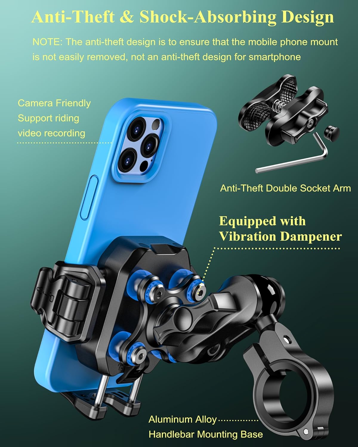 BRCOVAN Anti-Theft Motorcycle Phone Mount with Vibration Dampener, [1s Lock] [Camera Friendly] Handlebar Cellphone Holder for Bike Bicycle Scooter ATV, Adjustable Size Fit 5.4-7.2" Smartphone