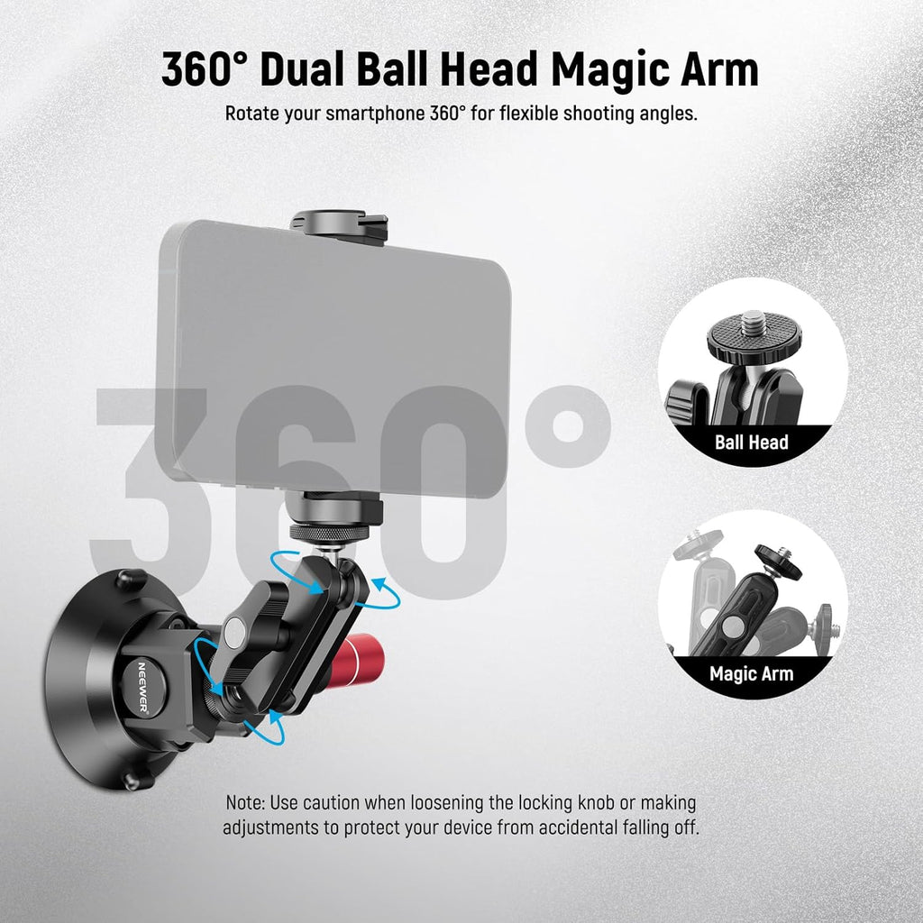 NEEWER 3" Suction Cup Mount with Phone Holder Action Camera Adapter Compatible with iPhone GoPro DJI Insta360, Ball Head Magic Arm Cleaning Cloth Quick Release Car Mount for POV Video Recording, CA104