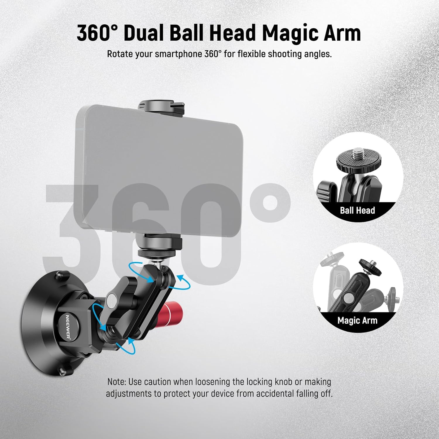 NEEWER 3" Suction Cup Mount with Phone Holder Action Camera Adapter Compatible with iPhone GoPro DJI Insta360, Ball Head Magic Arm Cleaning Cloth Quick Release Car Mount for POV Video Recording, CA104