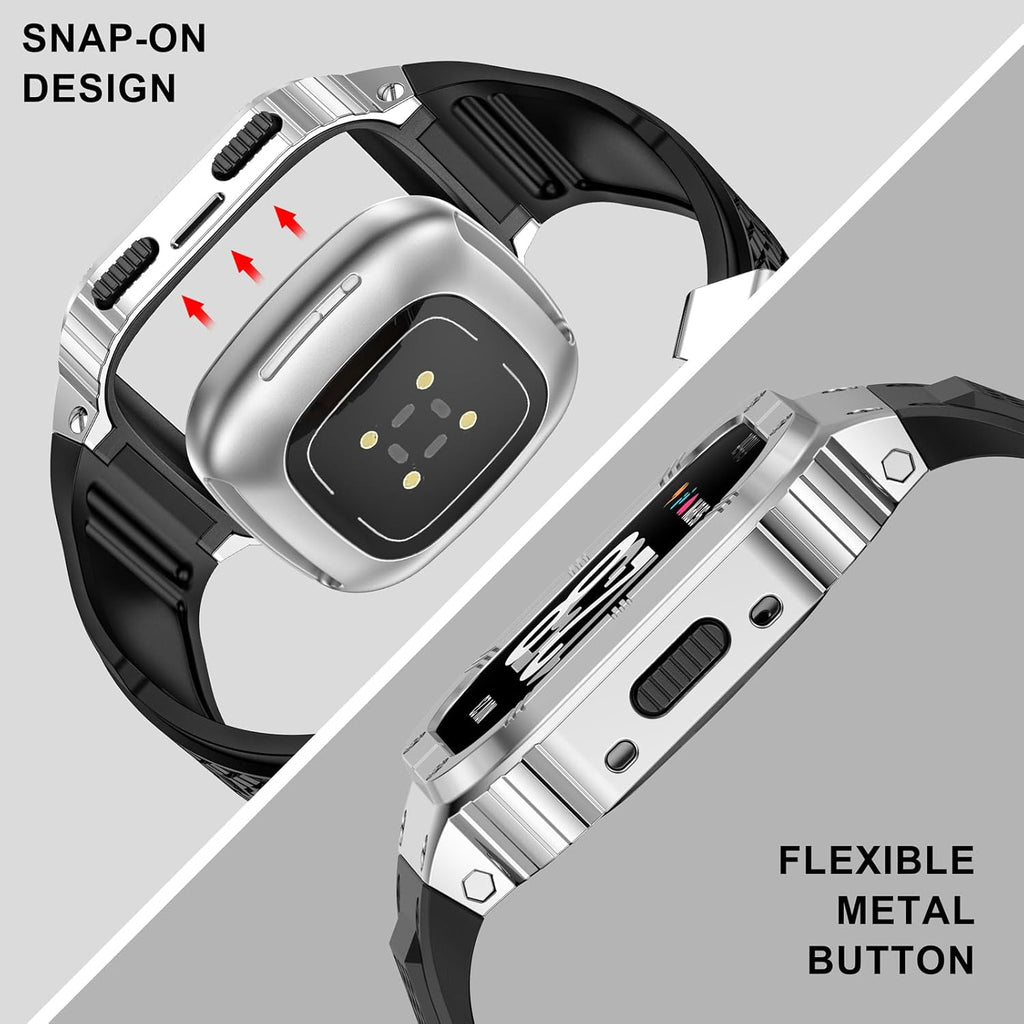 MioHHR Stainless Steel Case and Band Compatible with Fitbit Versa 4/3/2/Lite/Sense/Sense 2 Bands with Metal Case, Rugged Sports Protector Cover Silicone Wristbands for Men, Silver