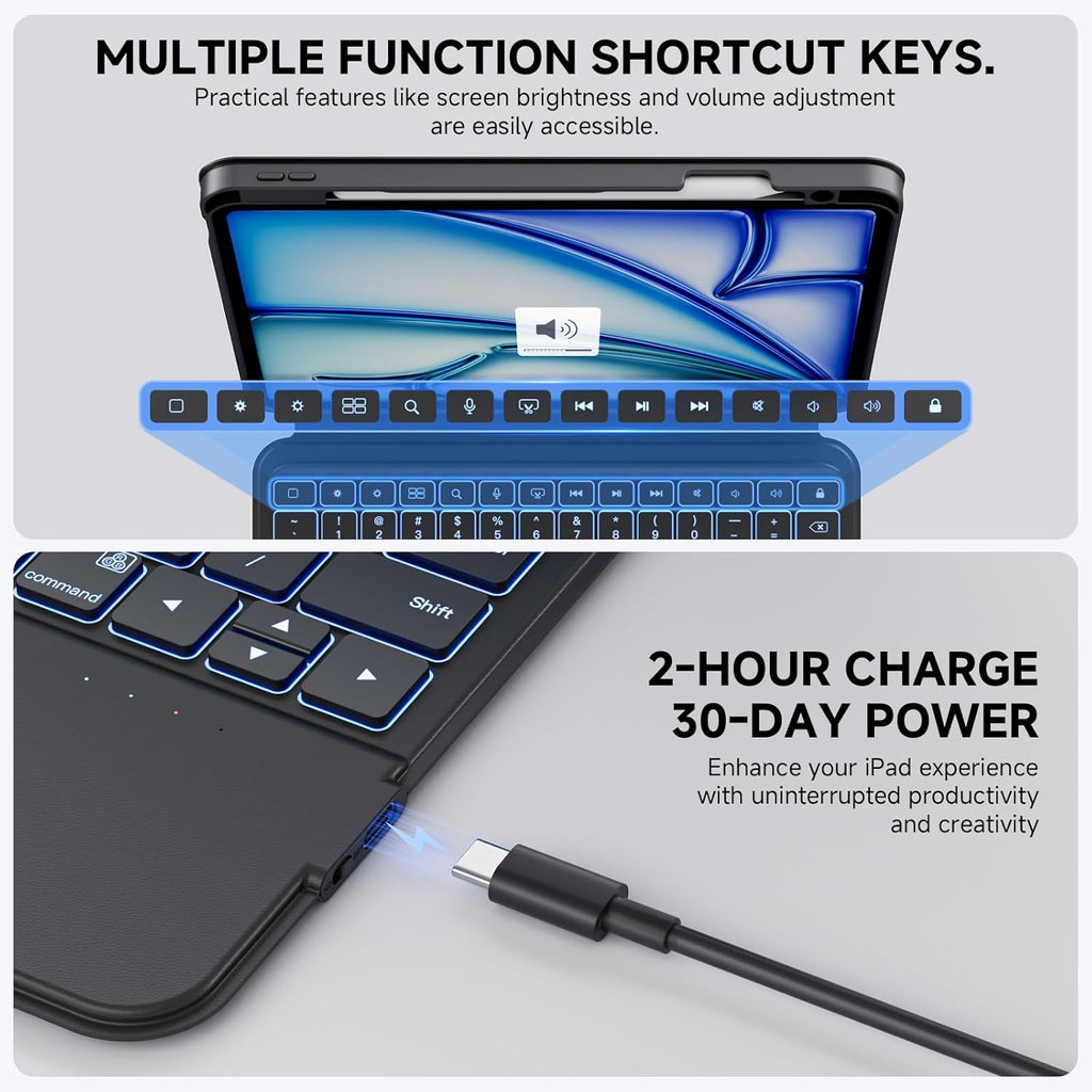 ONLY fit for 2024 M4 iPad Pro 11 inch Case with Keyboard Detachable Magic Keyboard Trackpad, 360 Rotating Cover with Pencil Holder Multi Angle Stand, 12 Shortcut Key, 7 Color Backlit, Black