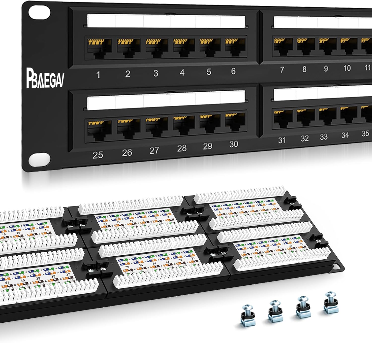 Patch Panel 48 Port Cat6【EC Listed】 2U Network Patch Panel Rackmount Punch Down19 inch RJ45 for 10 Gigabit Network,110 or Krone Impact Tools Compatible Without Cable Management(Cat6)