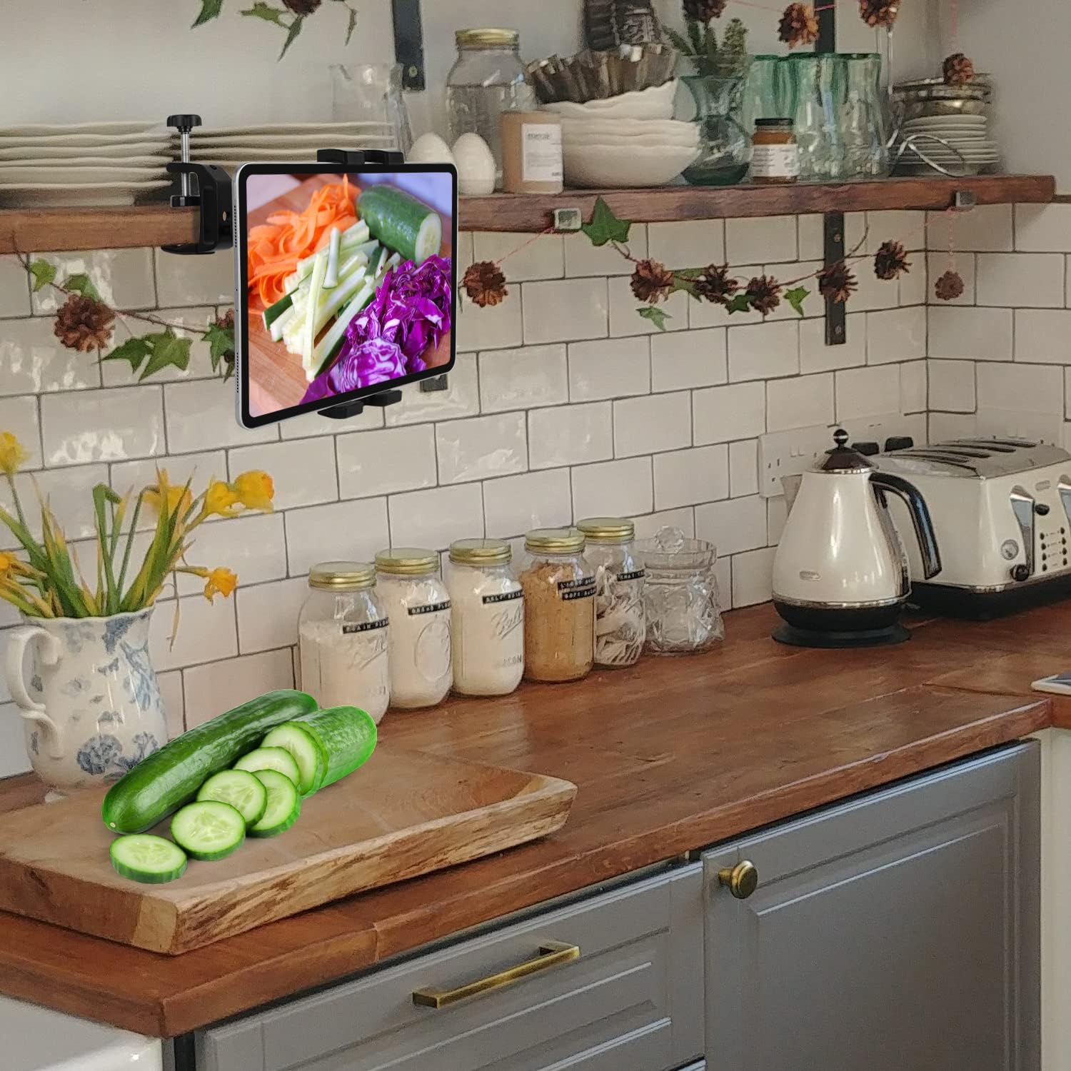 Under Cabinet Tablet Mount, Kitchen Tablet Holder iPad Mount for Desk/Table/Board/Chair,Compatible with 4.7~12.9" iPad/Nexus/LG G Pads/e-Reader/Switch/iPhone,360° Adjustable Aluminum Alloy Arm Stand