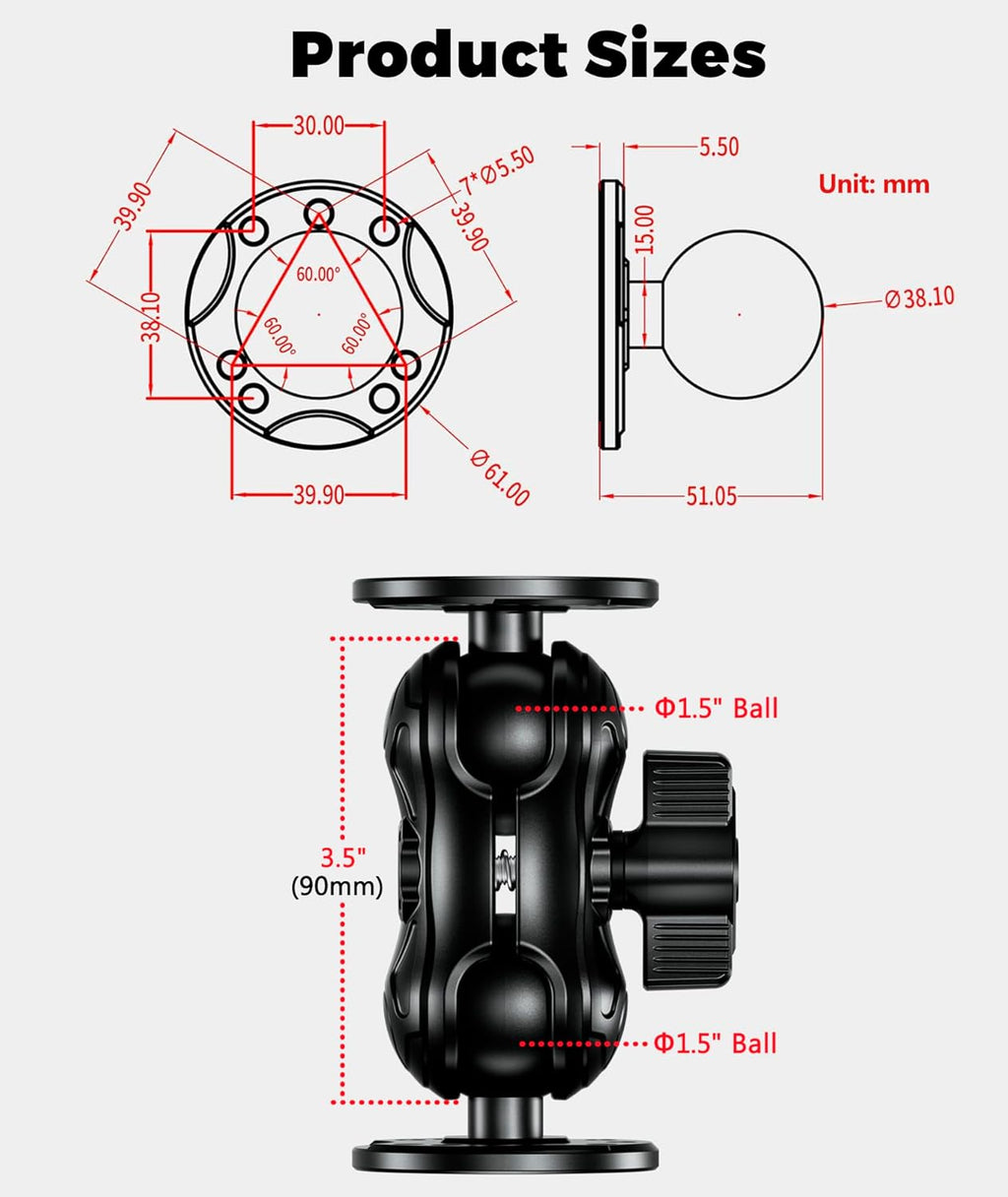 Aluminum Alloy Fish Finder Mount with 1.5" Ball AMPS Hole Round Plates, 3.5" Short Arm Marine Electronic Mount Tablet Holder for Garmin, Lowrance, Humminbird, Raymarine and More