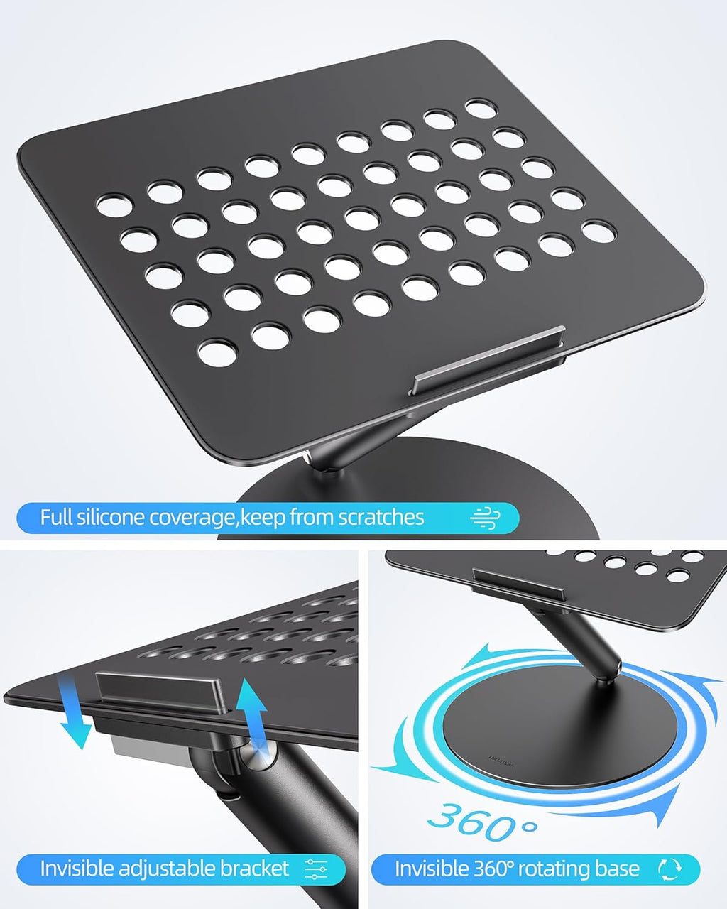 LULULOOK Laptop Stand for Desk, Full Aluminum Computer Stand, 360 Rotating Adjustable Laptop Riser, Foldable MacBook Holder Compatible with MacBook Pro/Air, Dell, HP, and 10-17inch Laptops (Black)