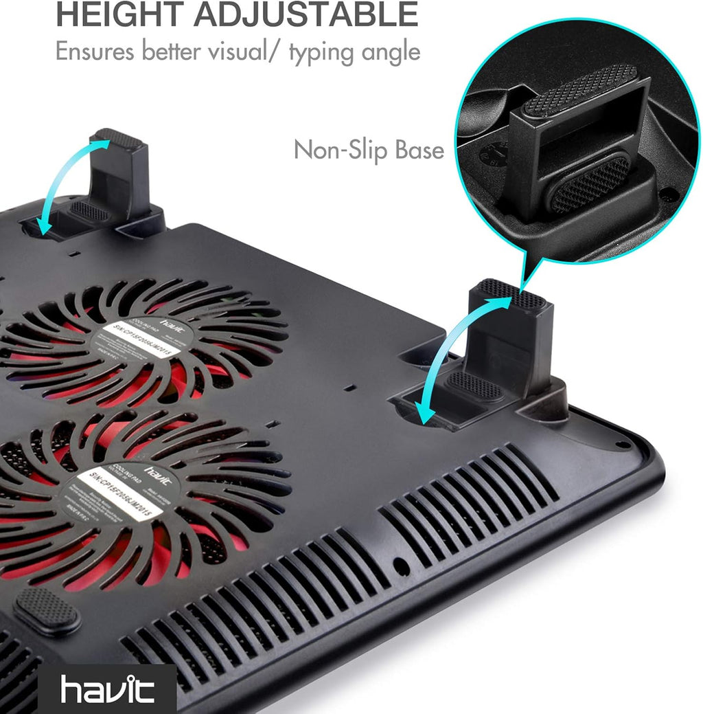 Havit HV-F2056 15.6-17 Inch Laptop Cooler Cooling Pad - Slim Portable USB Powered (3 Fans) (Black+Red)