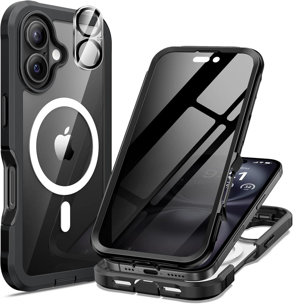 seacosmo for iPhone 16 Case, Full Body Bumper with Built-in 9H Tempered Glass Privacy Screen Protector and Camera Lens Protector, Compatible with MagSafe, Shockproof Phone Cover, 6.1", Black