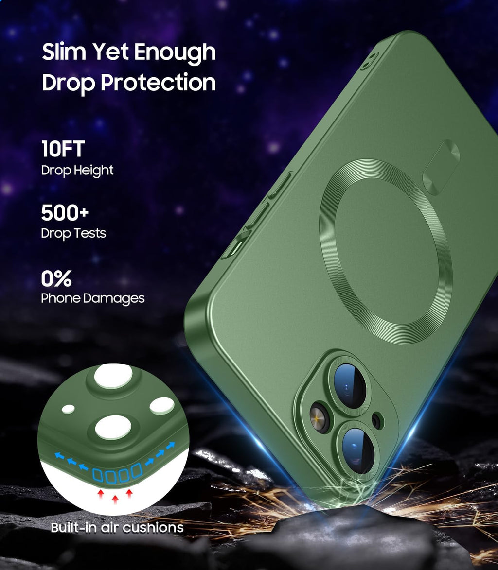 Magnetic for iPhone 14 Case [Compatible with MagSafe][Built-in Camera Lens Protector] Slim Soft Silicone Bumper Shockproof Metallic Luster Phone Case (Green)
