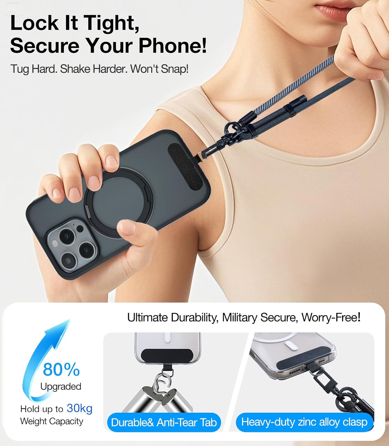 Phone Lanyard Crossbody, 3-in-1 Neck Strap& Wrist Strap, Adjustable Anti-Theft Lanyard with 2 Phone Tether Tabs, Universal Cell Phone Strap for iPhone& Android Case, Travel Essential, Grey