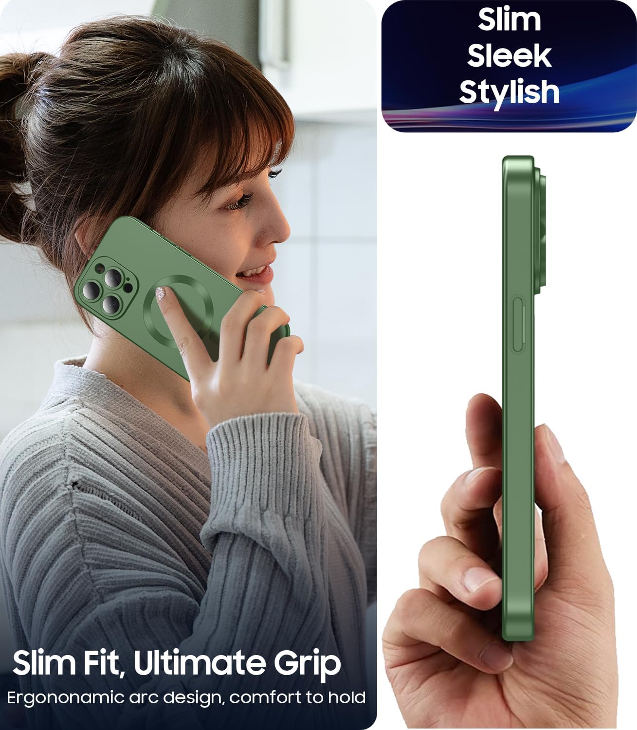 Magnetic for iPhone 15 Pro Max Case [Compatible with MagSafe][Built-in Camera Lens Protector] Slim Soft Silicone Bumper Shockproof Metallic Luster Phone Case (Green)