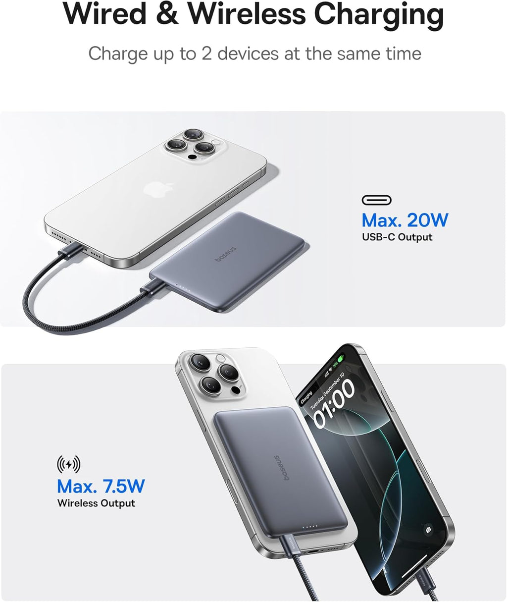 Baseus Picogo Power Bank, 0.3" Ultra Slim 5000mAh MagSafe Portable Charger with USB-C Braided Cable, Card-Size Magnetic Battery Pack, Alloy Wireless Fast Charger for iPhone 16/15/14/13/12, Lightweight
