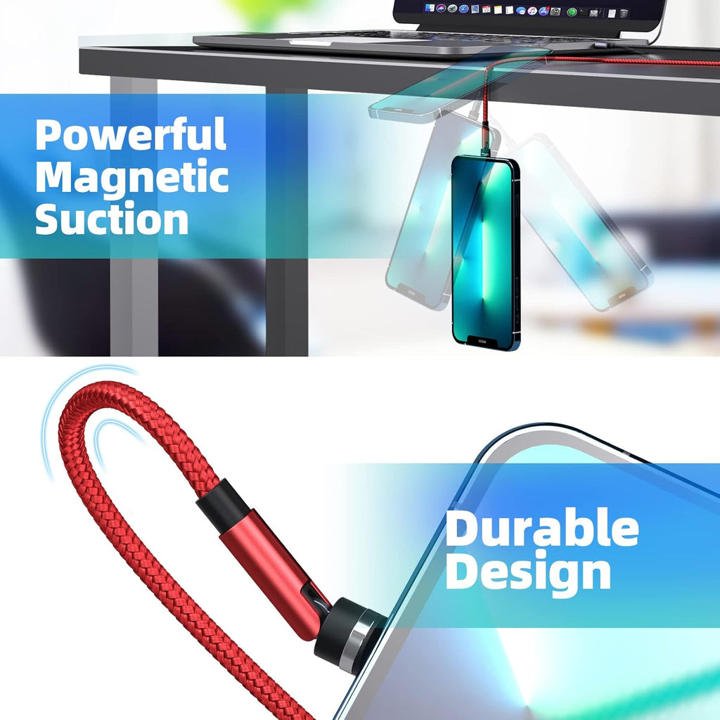 540 Rotation Magnetic Charging Cable, 3 in 1 Phone Charger [4-Pack, 3ft/3ft/6ft/10ft] 3A Fast Charging & Data Transfer Cable for i-P/Micro USB/Type C Device - Red