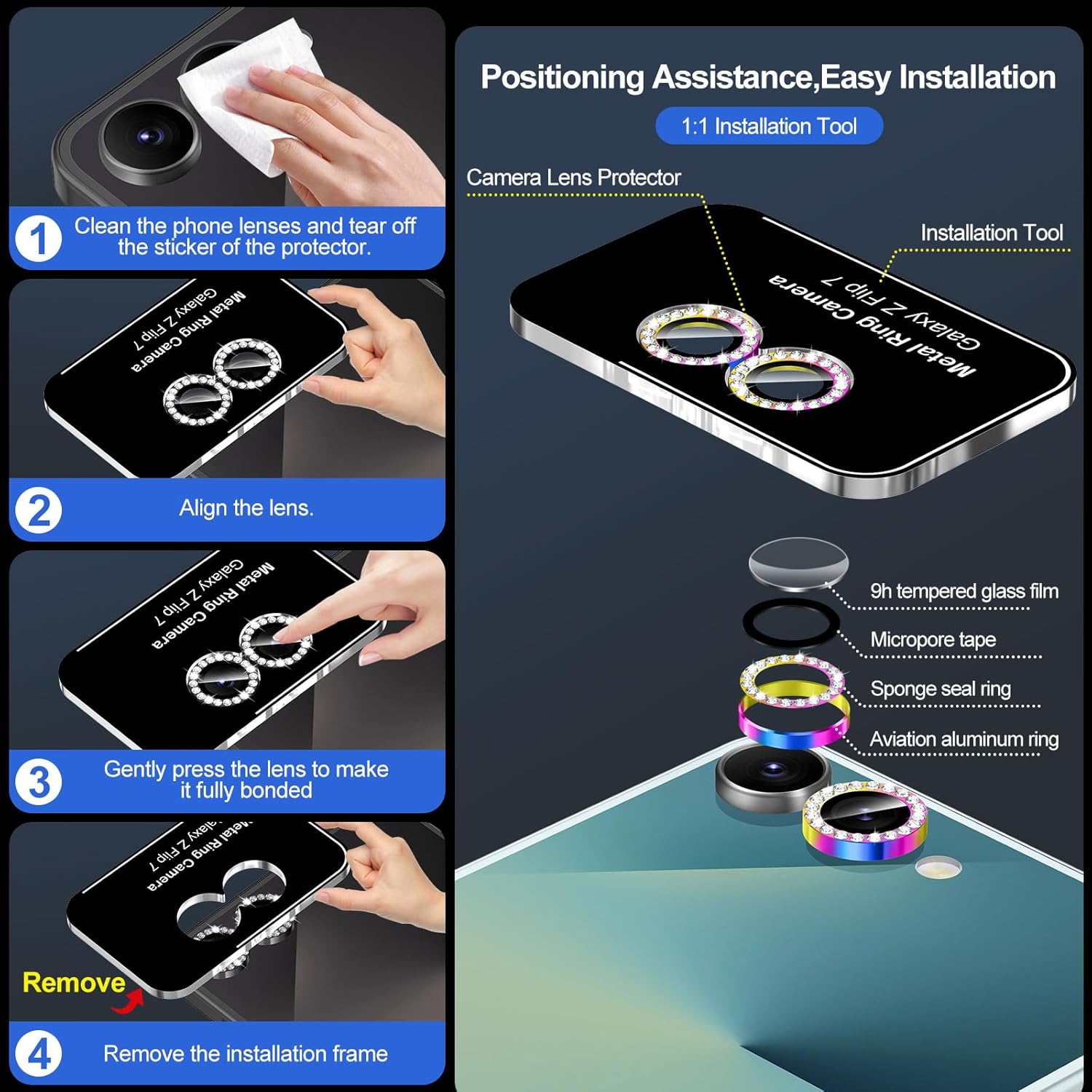 for Samsung Galaxy Z Flip 7 Camera Lens Protector, Individual Metal Ring Tempered Glass Lens Cover, [Strong Adsorption] Scratch Resistant Ultra-Thin HD Clear Lens Cover, 1 Set-Colorful Diamond