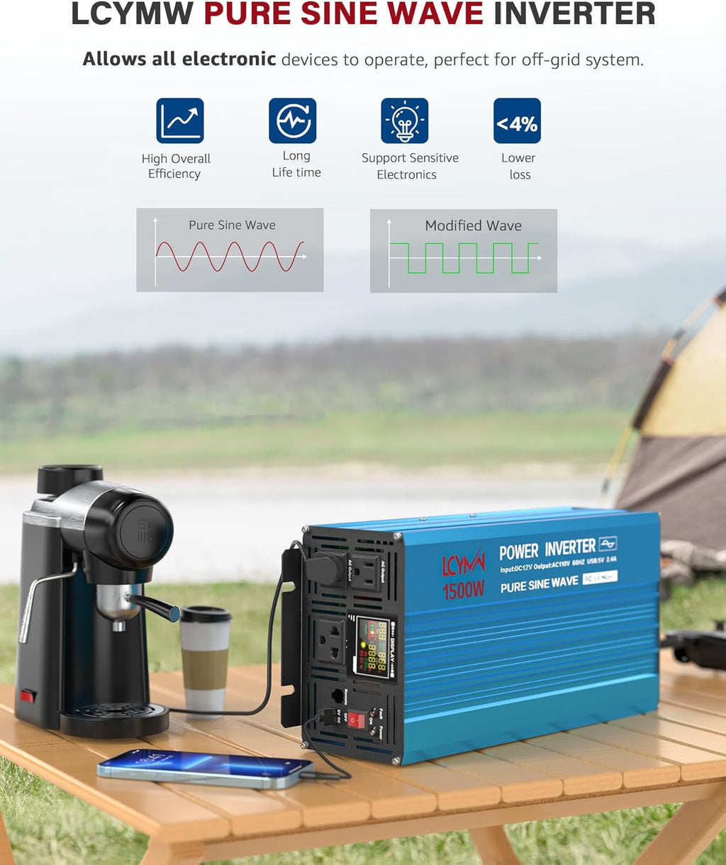 1500 Watt Inverter Pure Sine Wave DC 12V to 110V AC Power Inverters with 2 AC Charger Outlets, Car Inverter Solar Power Inverters for Vehicles Home with LCD Display and 2.4A USB Charging Ports