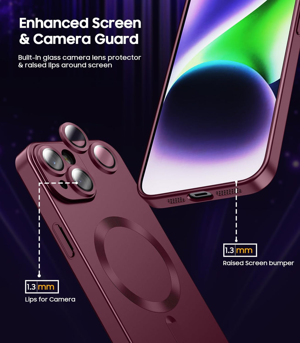 Magnetic for iPhone 14 Plus Case [Compatible with MagSafe][Built-in Camera Lens Protector] Slim Soft Silicone Bumper Shockproof Metallic Luster Phone Case (Burgundy)