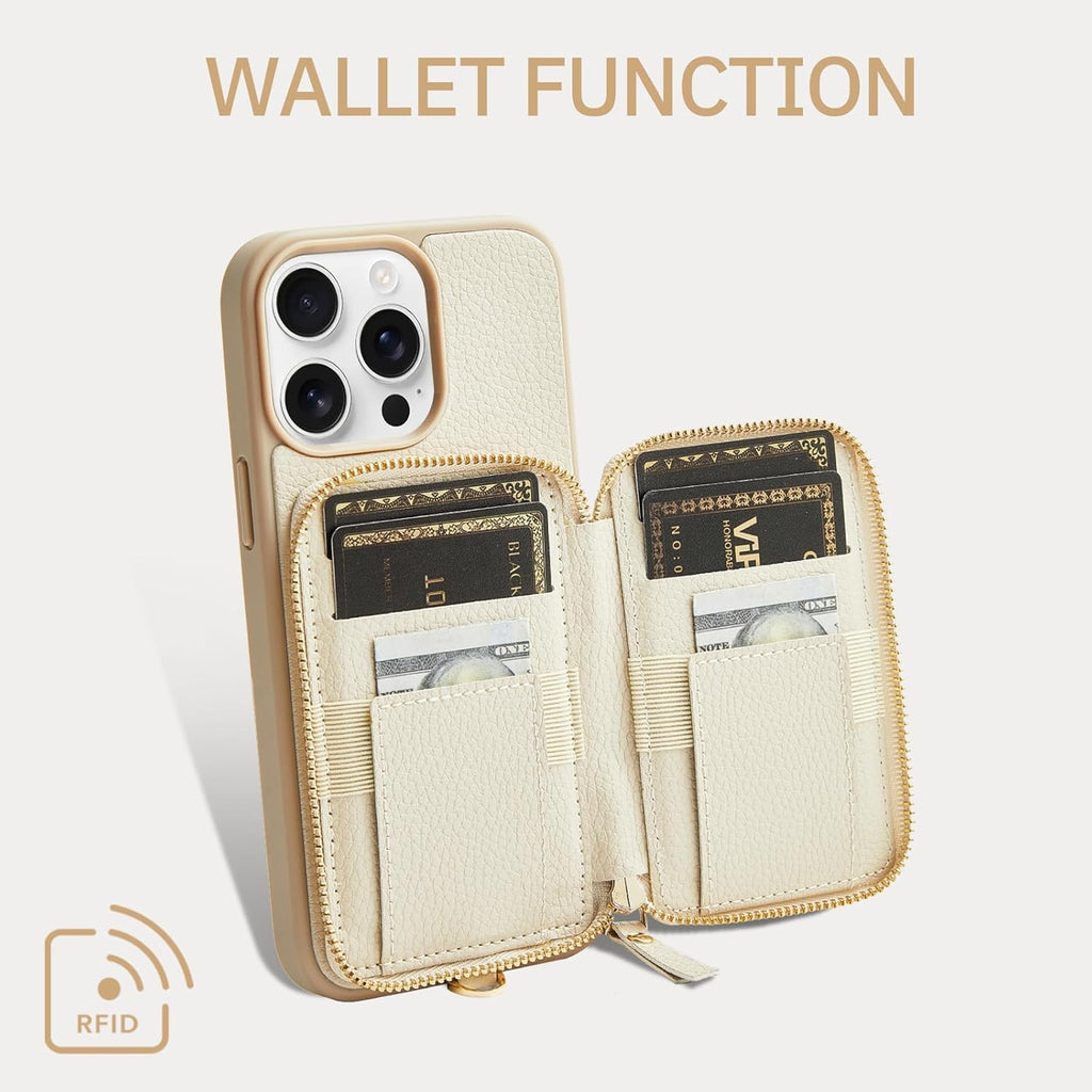 ZVE Wallet Case for iPhone 15 Pro Max, iPhone 15 Pro Max Case Wallet with Card Holder Wrist Strap, RFID Blocking Zipper Leather Cover for Women Gift for iPhone 15 Pro Max, 6.7"(2023) - Beige