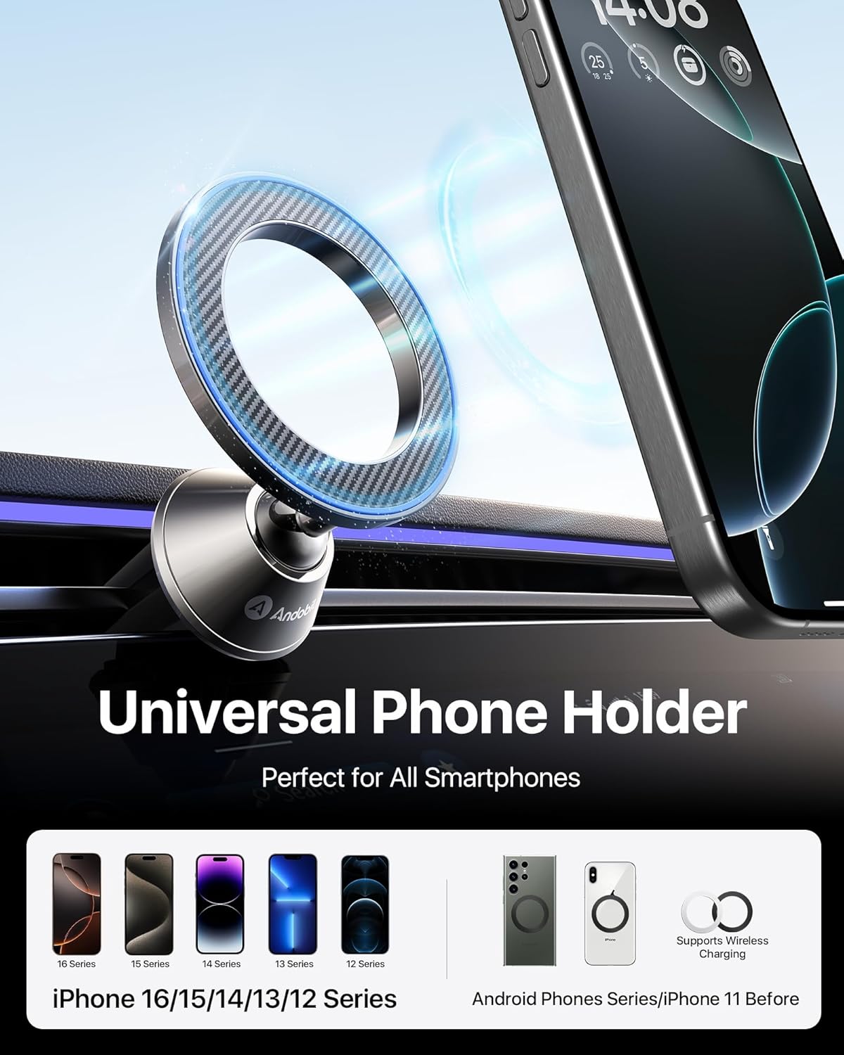 andobil for Magsafe Car Mount [Strongest Magnet, Easy Installation] All Metal Magnetic Car Phone Holder for Samsung Galaxy S25, 360° Air Vent Car Phone Mount, Fits for iPhone 16/15, and MagSafe Cases