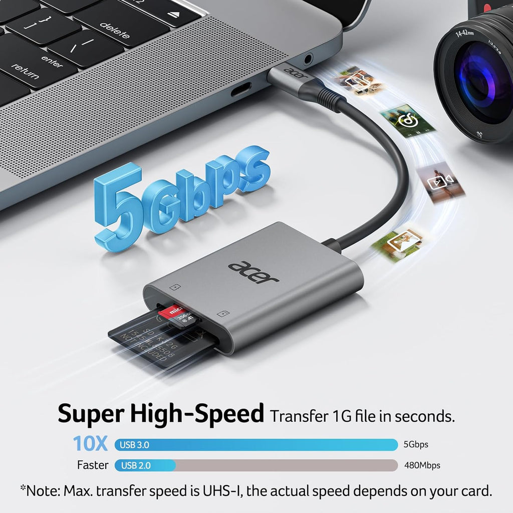 Acer SD Card Reader USB C, Dual Slots Type C to Memory Card Reader, Aluminum Micro SD Card Camera Adapter for MicroSD, SDHC, SDXC, Compatible with iPhone16/15, MacBook, iPad Pro, Android, Laptop