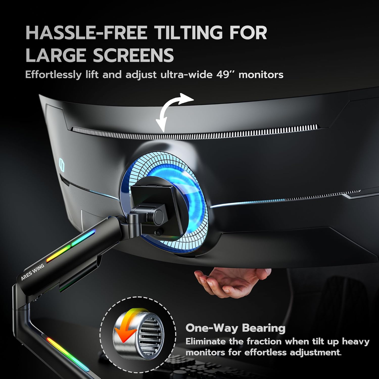 Ultrawide Monitor arm for 17-49'' Heavy Duty Screen up to 44lbs, Gas Spring Single Monitor Arm with RGB Light, Adjustable Gaming Computer Monitor Arm for Desk, Black