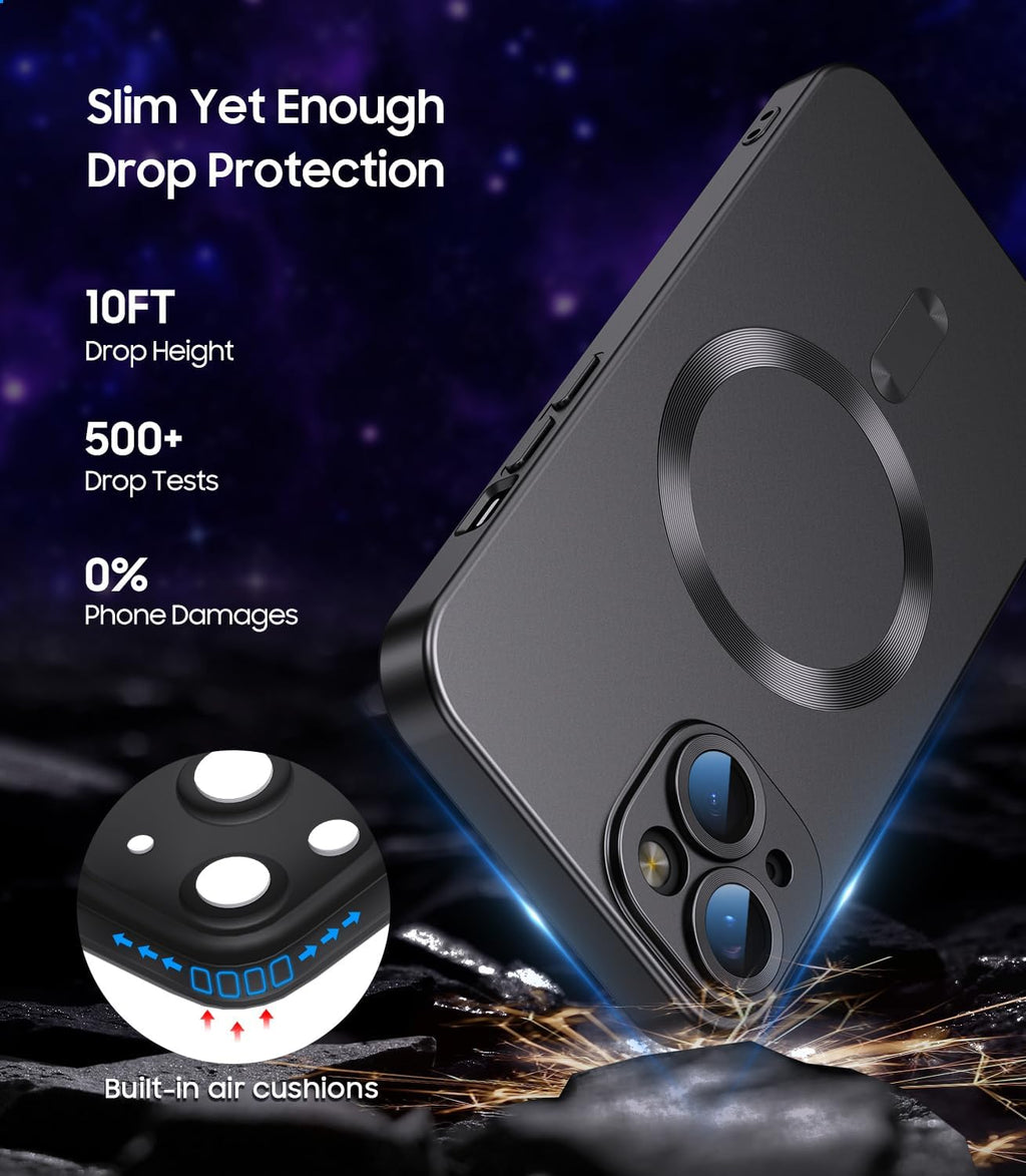 Magnetic for iPhone 14 Case [Compatible with MagSafe][Built-in Camera Lens Protector] Slim Soft Silicone Bumper Shockproof Metallic Luster Phone Case (Black)
