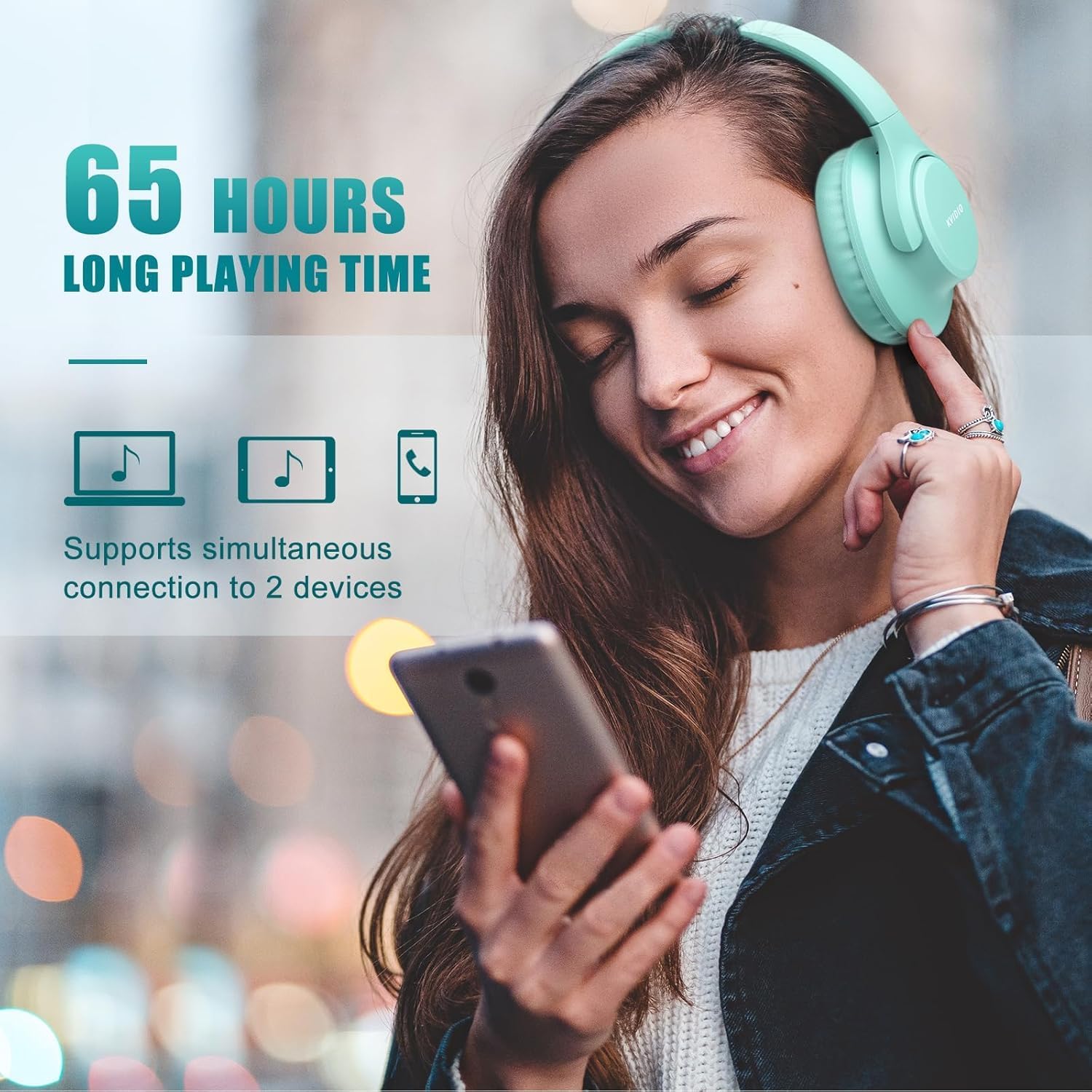 KVIDIO Bluetooth Headphones Over Ear, 65 Hours Playtime Wireless Headphones with Microphone, Foldable Lightweight Headset with Deep Bass, HiFi Stereo Sound Low Latency for Travel Work Cellphone