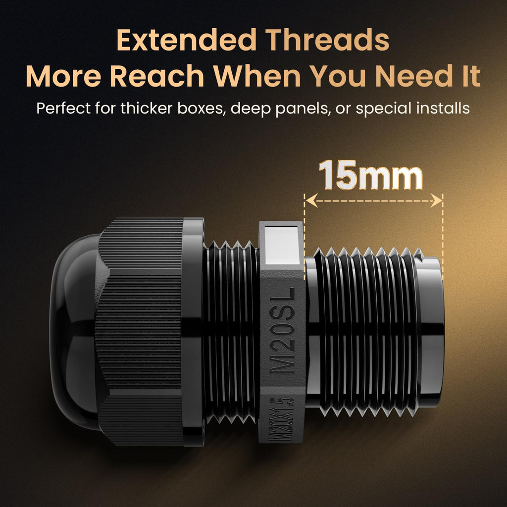 QILIPSU 10pcs M20SL Long Thread Cable Gland Waterproof IP68 Nylon Strain Relief Cord Grip Cable Pass Through Wire Connector