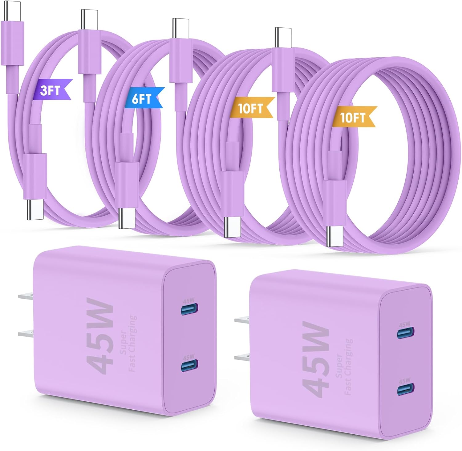 iPhone 16 15 Pro Max Charger Fast Charging,45W Dual Port USB C Fast Charger Block [2-Pack] & Extra Long 60W 3/6/10/10FT USB C Cable - PD Quick Adapter 3.0 for iPhone 16 15/16 15Pro/16 15 Plus.